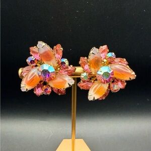 Vintage BEAU JEWELS Pink Orange Rhinestone Clip On Earrings AB Glass Signed